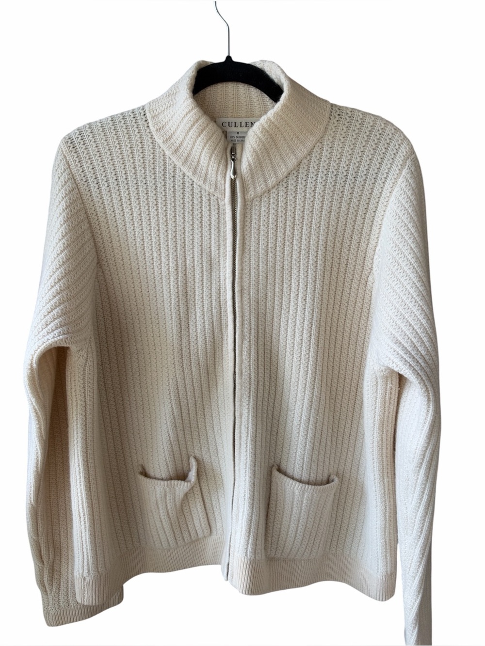 Cullen 100% Cashmere Sz M Cream Ribbed Zip-Front Women's Sweater Minimalist
